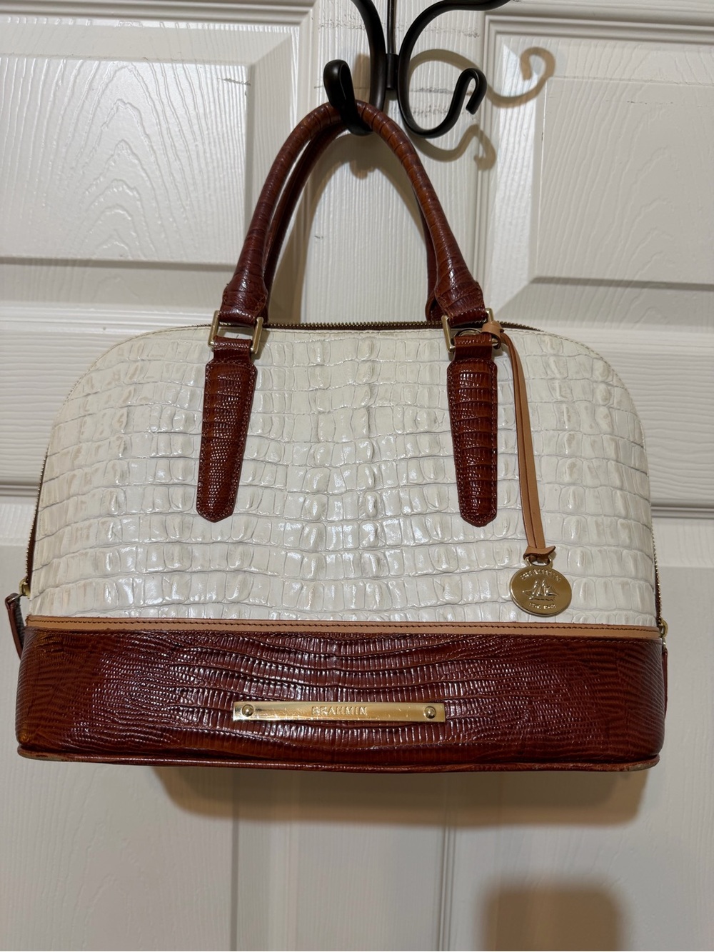 BRAHMIN Vivian Brown & Ivory Croc-Embossed Dome Satchel